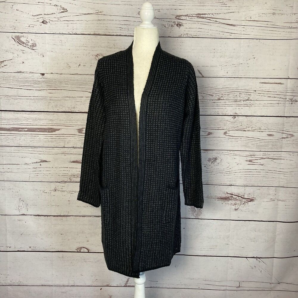 Fortune + Ivy Sweater L Waffle‎ Knit Open Front Long Cardigan Pockets Black Grey